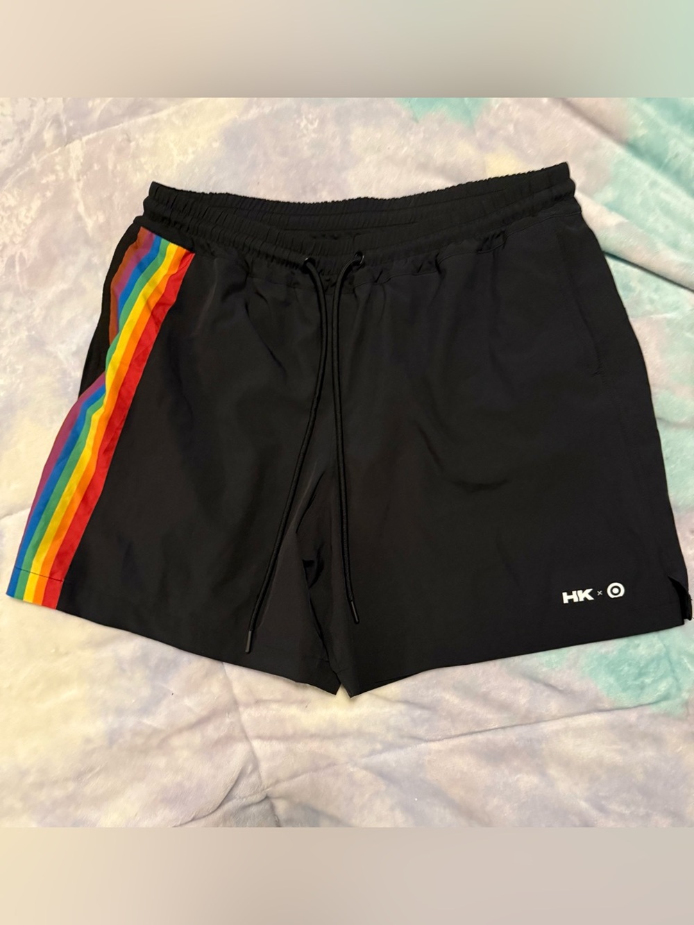Black Men's Swim Board Shorts with Rainbow Side Stripe